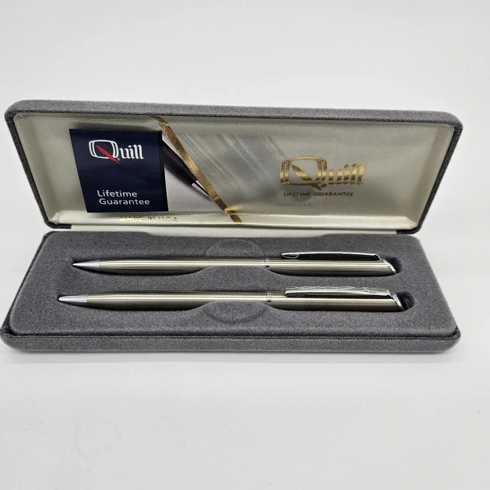 Vintage Quill Pen & Pencil Set Silver Tone NEW